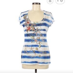 Cache Blue Striped Short Sleeve T-Shirt Size L